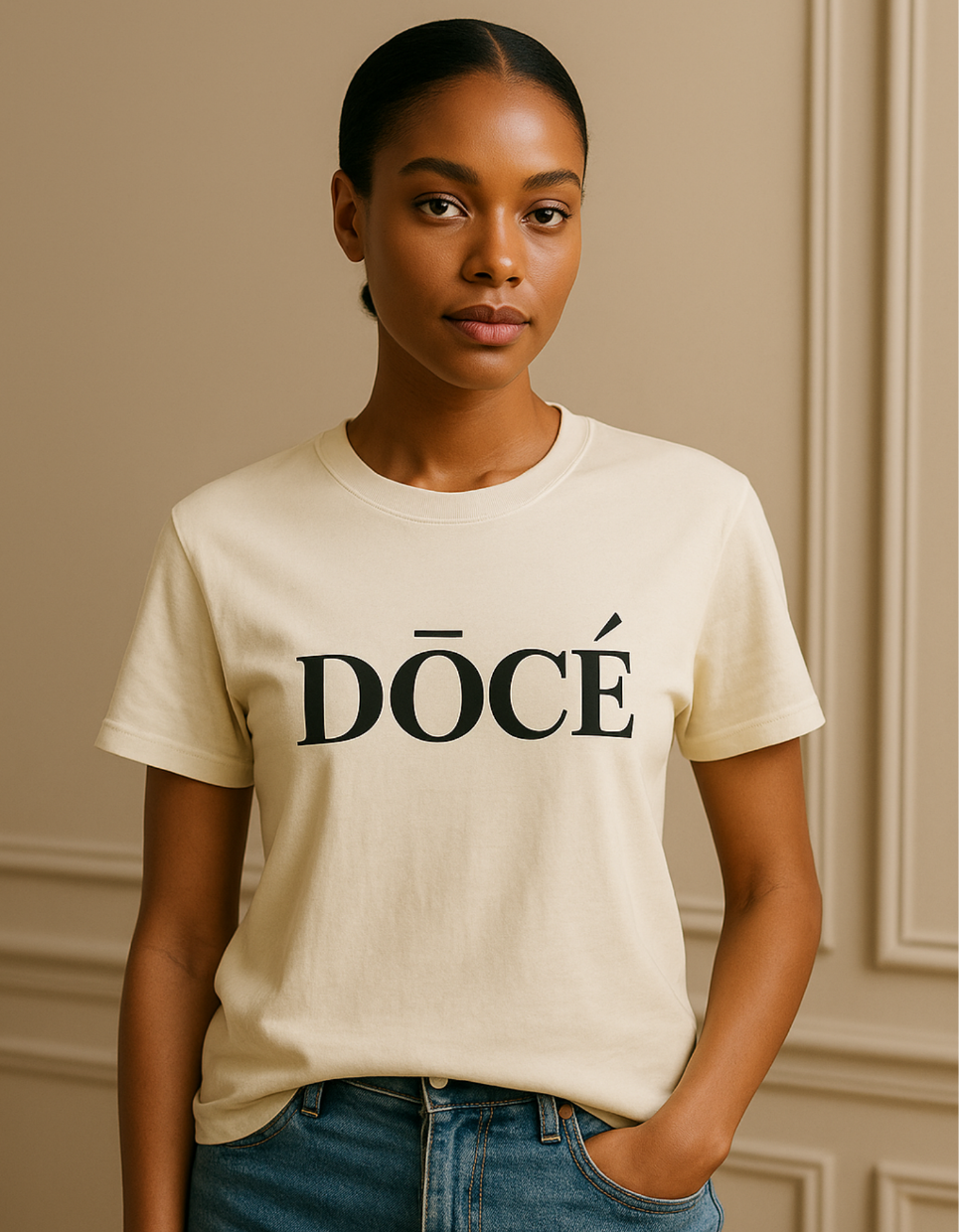 Person wearing a beige t-shirt with 'Dôcé' text in a room with beige walls.